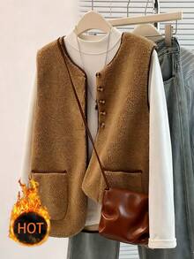 Franclia 全新宽松纯棕色圆领女式背心 - 棕色 - 查看 1