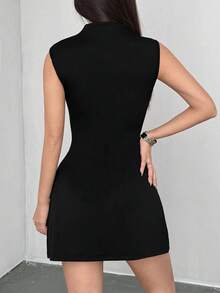 SHEIN PETITE Women's Casual Spring Solid Color Black Sleeveless Dress - Black - View 2