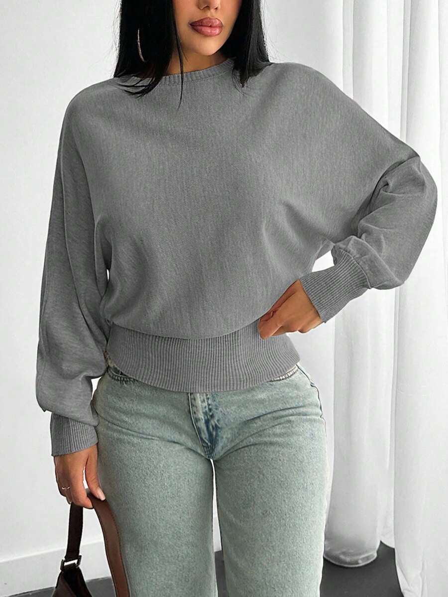 EURMUSE Structured Knit Sweater With Voluminous Sleeves Fitted Waist Curved Ribbed - Grey - View 1