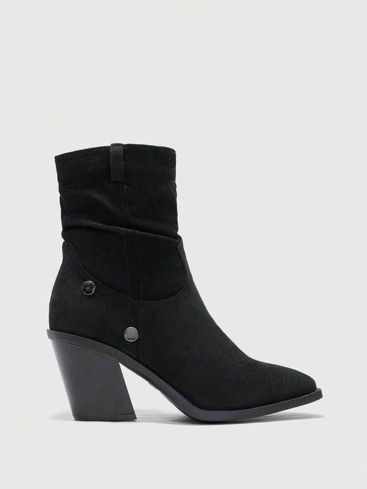 CUCCOO BIZCHIC Fashionable Basic Comfortable Commute Black Patchwork Faux Suede Striped Square Buckle Chunky Heel Ankle Boots