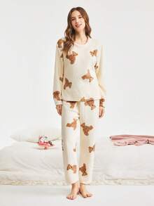 Bonmuse 两件套冬季睡衣套装，法兰绒睡衣套装，可爱小熊印花，简约时尚睡衣，两件套，秋冬服装