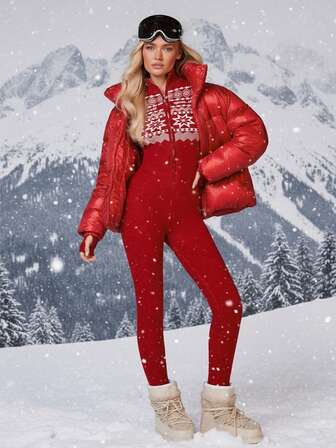 Athîral 女士雪花图案拉链修身连体裤，秋冬圣诞节