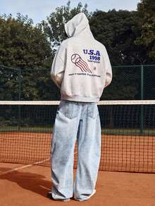 SWAVVY 男式棒球印花图案上衣，采用羊毛面料，连帽宽松运动衫，适合秋冬 - 淺灰色 - 查看 7