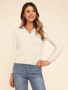 Coeurva Cardigan tricoté moelleux avec bordure en dentelle guipure, hauts à manches longues pour l'automne/l'hiver - Beige - Voir 4