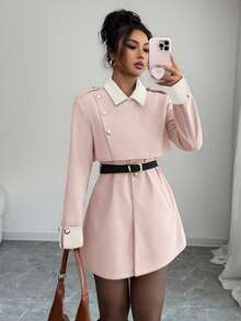 Selianne Elegant Luxury Fashion Thick Women's Contrast Color Lapel Long Sleeve Button Design Overcoat - Pink - View 3