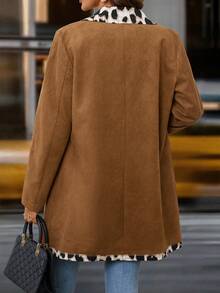 SHEIN Clasi Áo khoác da lộn dài tay họa tiết da báo thanh lịch dành cho nữ, màu nâu, mùa thu/đông - màu nâu - Xem 3