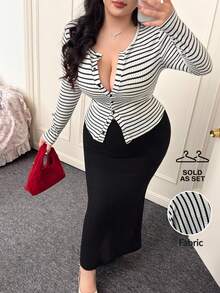 SHEIN EZwear Conjunto informal de 2 piezas de talla grande con rayas y contraste de color, conjunto de blusa y falda a rayas de talla grande, conjunto de 2 piezas de talla grande para mujer