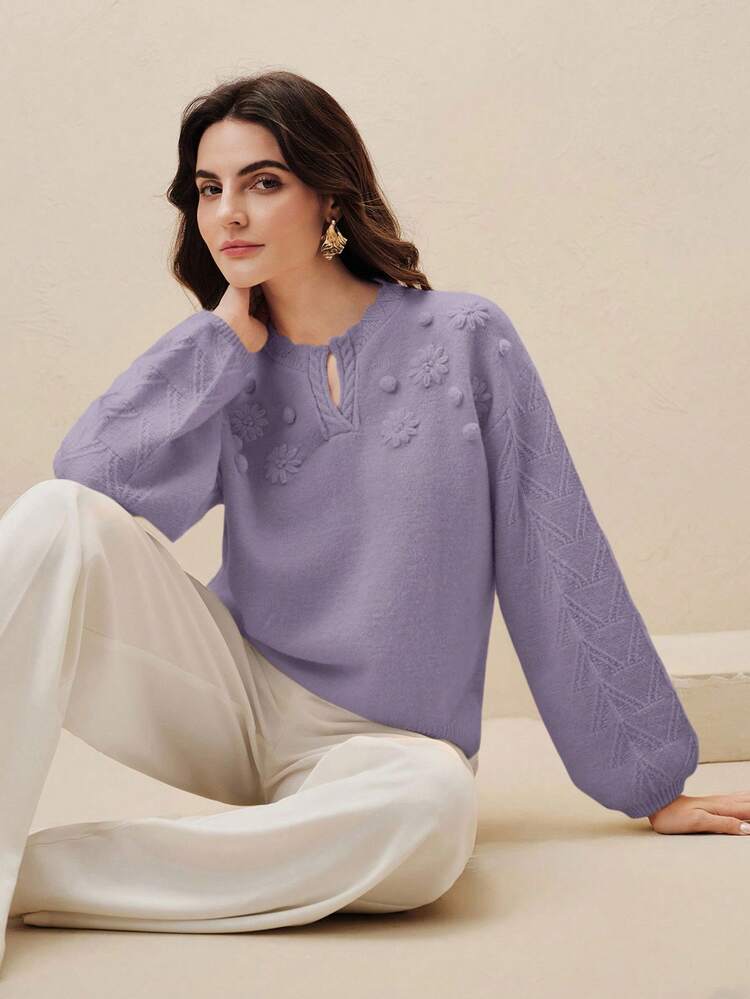 Pull brodé floral violet pour femmes avec col ciseaux, tricot ample à la mode pour le printemps, élégant