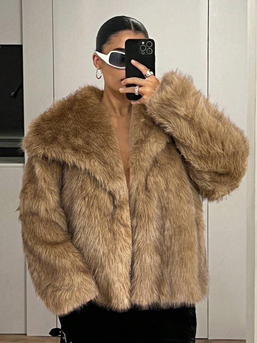SHEIN ICON Short Solid Color Fashionable Winter Versatile Oversized Lapel Open Front Faux Fur Coat,Fall, Winter - Khaki - View 1