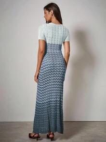 COSMINA Women's Wavy Striped Round Neck Short Sleeve Fitted Knit Dress - Blue - View 3