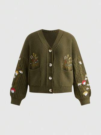 Fairycore Cardigan à broderie florale et champignons colorés dans un style Mori Kei Fairycore, grande taille. Cardigan tricoté grande taille pour femmes, automne/hiver. Top tricoté à manches longues grande taille