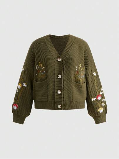 Fairycore Plus Size Mori Kei Fairycore Colorful Mushroom Floral Embroidery Cardigan, Plus Size Women Autumn/Winter Knitted Outerwear Sweater Cardigan, Plus Size Long Sleeve Knit Top