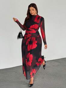 SHEIN Privé Plus Size Black And Red Autumn Elegant Party Cocktail Dress,Floral Mesh Elastic Print,Stand Collar,Shoulder Waist Ruching,Long Sleeve Flared Hem - Multicolor - View 4