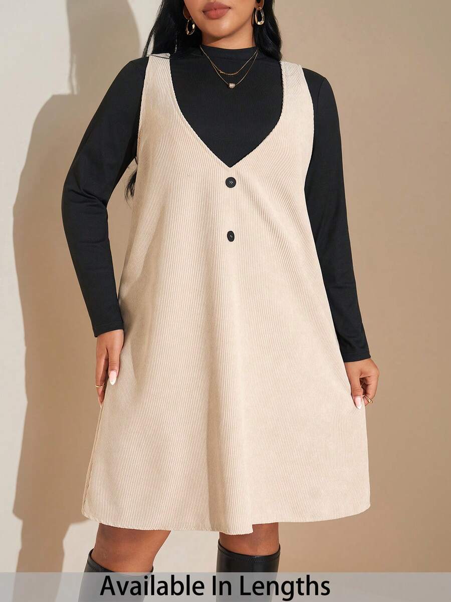 SHEIN Tall CURVE 女式加大码纯色立领长袖 T 恤和围兜连衣裙休闲两件套 - 彩色 - 查看 1