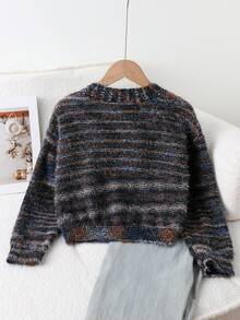 Sparklyn 女童渐变色羽毛网眼开衫，柔软舒适的短款三扣针织毛衣，适合日常穿着、外出、旅行、度假、居家、日托和儿童玩耍 - 彩色 - 查看 2