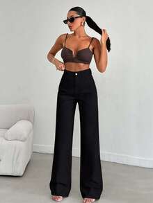 SHEIN Tall Quần jean ống đứng dáng rộng, đơn giản, chất liệu 100% cotton dành cho nữ - Rửa tối - Xem 6