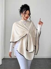 Elenzga 女士优雅时尚宽松加大码毛衣斗篷，适合秋冬外套 - 杏色 - 查看 7