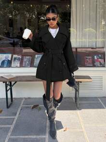 SHEIN EZwear Women's Fashionable & Elegant Double-Breasted Belted Trench Coat French Style Clothes Women Trench Coat Trench Coat Women In Fall/Winter,Fall,Fall Clothes For Women - Black - View 6