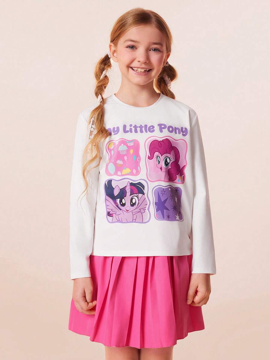 My Little Pony X SHEIN 青少年女孩卡通图案针织圆领宽松长袖T恤 - 白色 - 查看 1