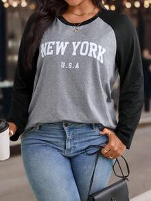 EMERY ROSE Women Plus Size Letter Pattern Color Block Raglan Sleeve Casual T-Shirt, Autumn Graphic Tees Women Tops - Multicolor - View 1