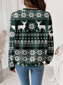 SHEIN LUNE Pull ample à col rond imprimé renne de Noël minimaliste et décontracté pour femme - Multicolore - Voir 2