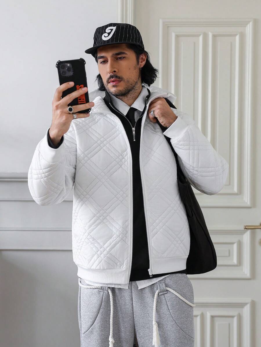HUEFORM Herren weiße Winter Reißverschluss Kragen gesteppte Lässig Kapuzen-Sweatshirt, Langarm-Oberteil - Weiss - Übersicht 1
