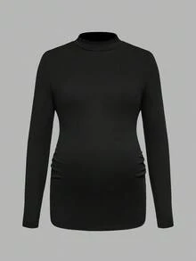 Modmama Maternity Solid Color Stand Collar Long Sleeve Pleated Slim Casual T-Shirt - Navy Blue - View 5