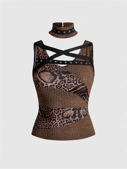 Grunge Punk Top ajustado con textura acanalada de estampado de piel de serpiente y diseño de patchwork con cruce de tiras