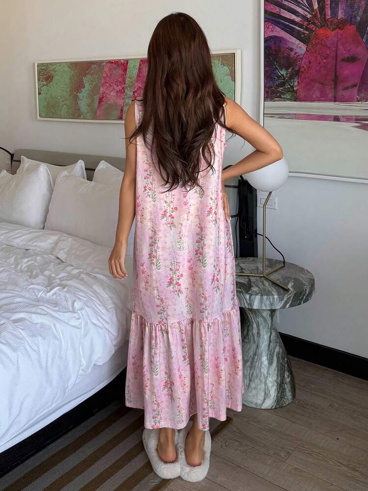 Floral Print Sleeveless Long Nightgown For Women