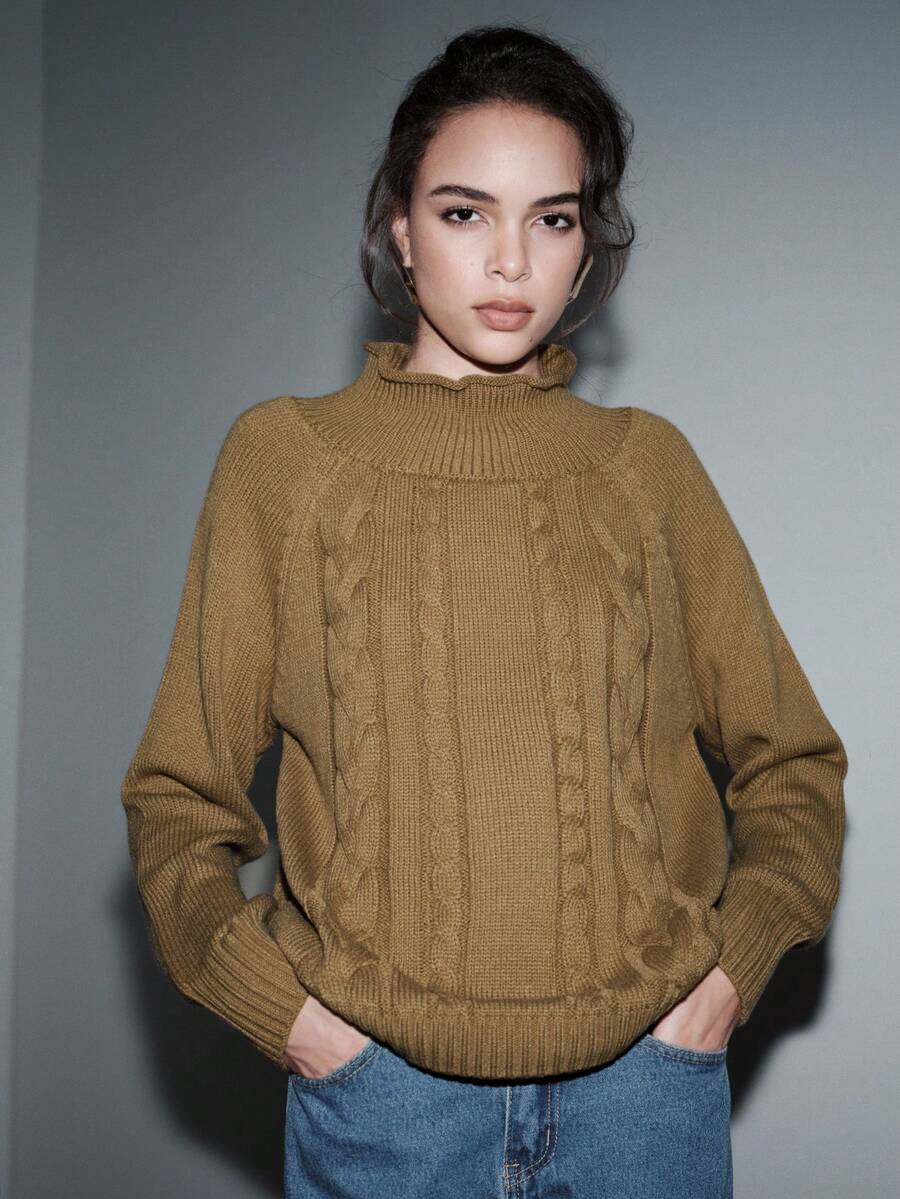 Lumivelle 冬季复古百搭高领扭结针织宽松套头毛衣女式高领女式圣诞毛衣棕色毛衣女式针织衫 - 橄欖綠 - 查看 1