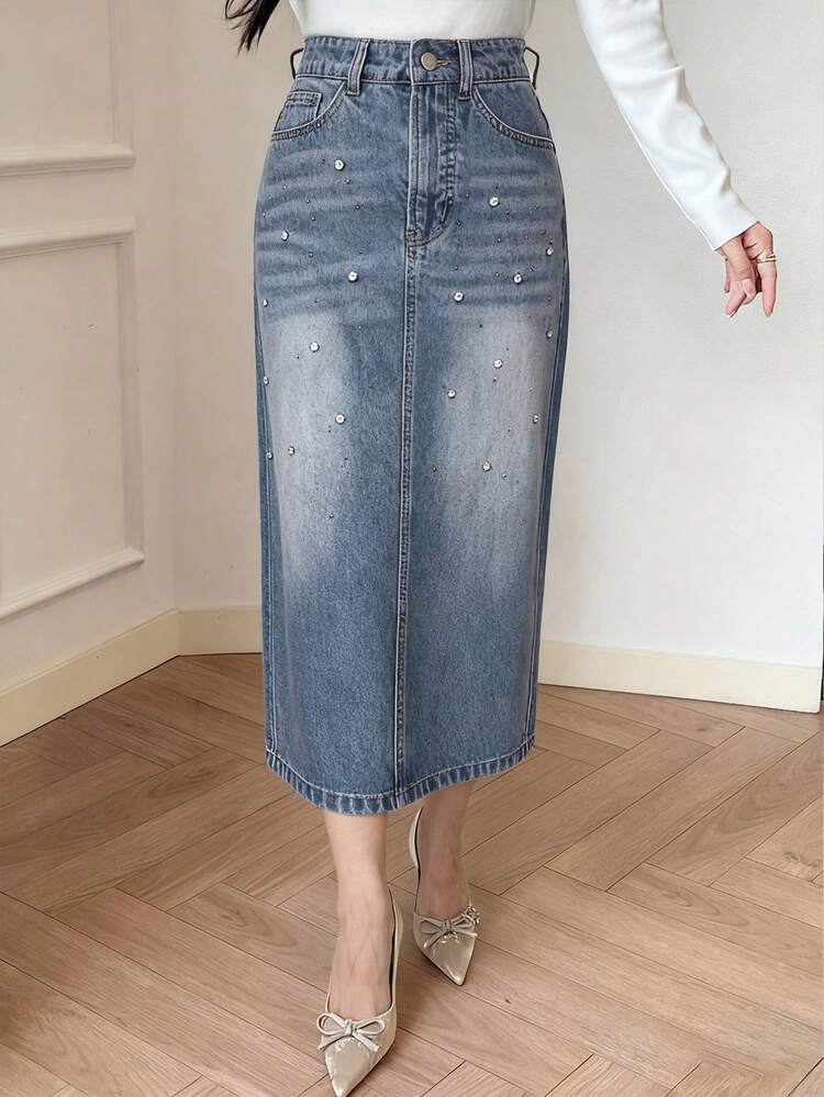 Women's Rhinestone Embellished Straight Cut Slit Skirt, Casual City Style Denim Skirtt