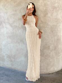 Aloruh 女士纯色褶皱修身露背性感连衣裙 - 杏色 - 查看 8