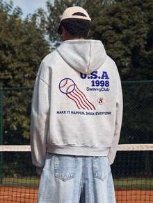 SWAVVY 男式棒球印花图案上衣，采用羊毛面料，连帽宽松运动衫，适合秋冬 - 淺灰色 - 查看 6