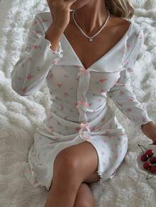 CottageSlumber Women's Romantic Ditsy Floral Pattern Bow Decor Nightgown, For Fall & Winter - Multicolor - View 2