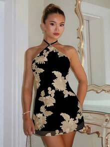 Glamine Charm 女士浪漫性感露背挂脖迷你连衣裙，夏季 - 黑色 - 查看 2