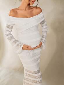 Cheriluna Maternity Abito da fotografia premaman con spalle scoperte, maniche lunghe, volant e pizzo, bianco, adatto per Capodanno - Beige - Visualizzare 3