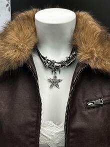 EgrlEra Chaqueta versátil de invierno con cuello de piel sintética, parches y cremallera, de manga larga y hombros caídos, de moda - Marrón - Ver 3