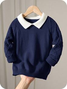 SHEIN Young Boys' Khaki Textured Casual Comfortable Versatile Contrast Color Collar Thick Sweater, Back To School, Autumn/Winter - Navy Blue - View 6