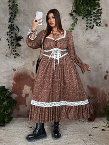 Whyspr 复古优雅欧洲宫廷风格拼布碎花蕾丝边长裙，适合秋季、冬季和春季 - 彩色 - 查看 5