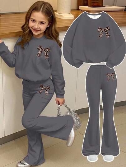 2pcs/Set Vintage Cute Leopard Bow Print Loose Fit Gray Sweatshirt And Flare Leg Pants Set For Young Girls