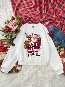 SHEIN Essnce 圣诞休闲简约圣诞老人印花圆领宽松厚款女式运动衫，秋冬 - 白色 - 查看 3