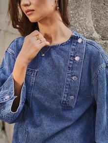 Selenza Women's Fashion Casual Turndown Collar Asymmetric Pocket Washed Loose Denim Blouse - Dark Wash - View 7