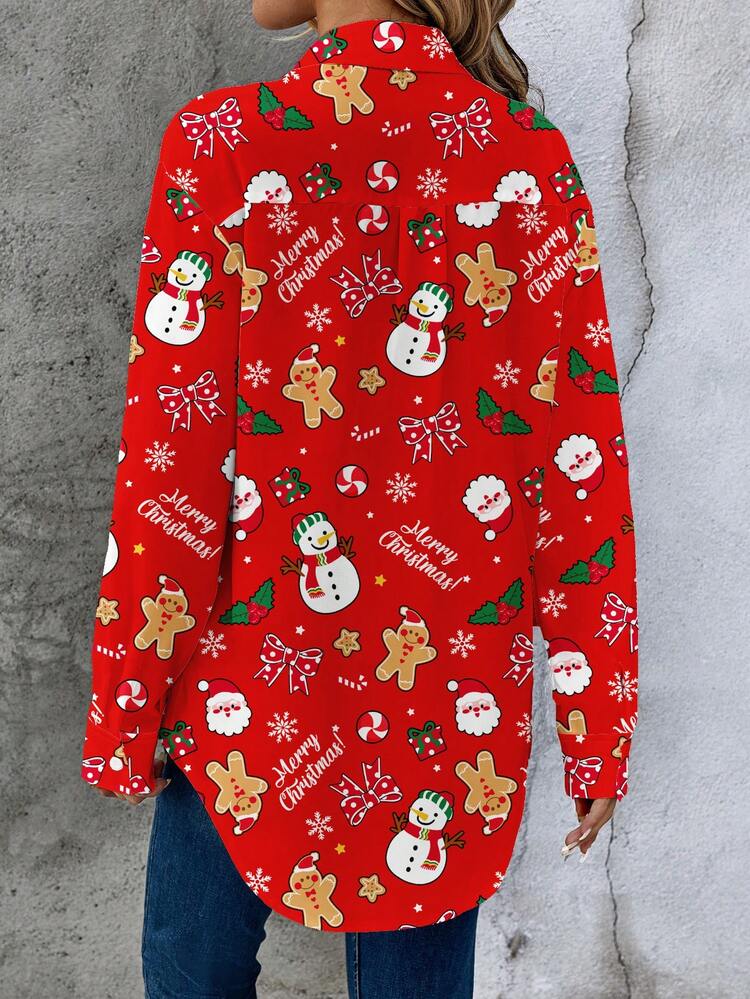 女性らしい赤マルチカラーのポリエステルブラウス、クリスマスパターン、ロングパフスリーブ、襟付きボタン前開き、カジュアルウェア用の定番丈、Vネック、女性用レッドブラウス、女性用クリスマスブラウス、新年パーティー用