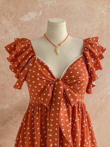 Soleia Plus Size Colorful Printed Fabric Cap Sleeve Sweetheart Neck Bowknot Front A-Line Dress, Suitable For Spring/Summer Vacation Polka Dot - Brown - View 3