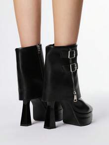 ROMWE 1 Pair Women's Punk Style Platform High Heel Pointed Toe Side Zipper Ankle Boots, Suitable For Autumn/Winter For Christmas - Black - View 5