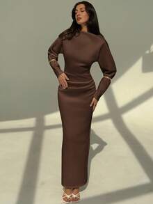 Aloruh Đầm Maxi Ôm Body Tay Dài Ôm Sát Cạp Rộng Màu Trơn Đa Năng Thanh Lịch Tối Giản Trí Tuệ Phù Hợp Đi Làm Văn Phòng Trang Trí Xếp Ly - màu nâu - Xem 8
