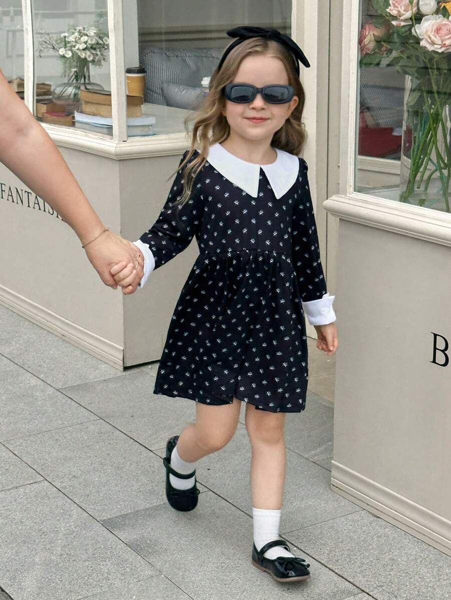 Young Girl Peter Pan Collar All-Over Print Long Sleeve Cute Dress