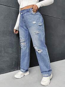 SHEIN ICON Plus Size Casual Washed Distressed Asymmetric Waist Jeans - Medium Wash - View 3