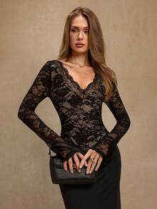 SHEIN BAE Váy len dệt kim chắp vá cổ chữ V tay loe ren hoa màu đen thanh lịch dành cho nữ, trang phục dự tiệc cưới, Halloween, Giáng sinh - màu đen - Xem 3