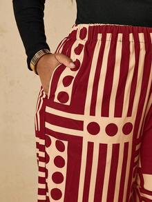 SHEIN VCAY Quần ống rộng họa tiết hình học màu đen và be cỡ lớn có túi dành cho nữ, phù hợp cho mùa hè và mùa thu - Màu Đỏ Sâu - Xem 5